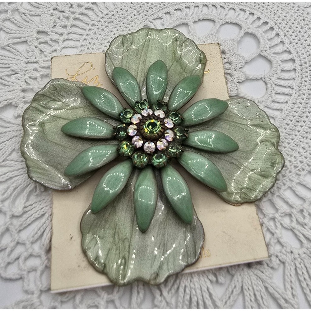 Liz Palacios Enamel Flower Rhinestone Brooch Green Signed on original Card